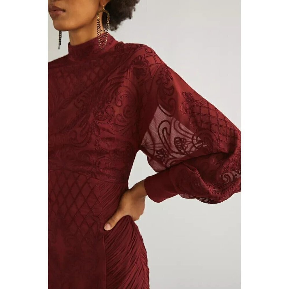 Anthropologie Lace Mini Long Sleeve Dress Wine Red NWT 12 Romantic - Picture 10 of 10